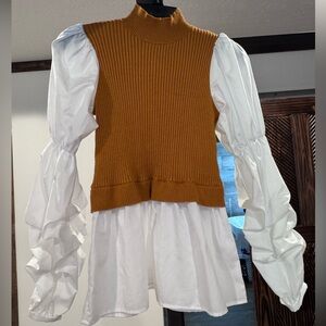 Ribbed Knit Vest with Puff Sleeve Blouse